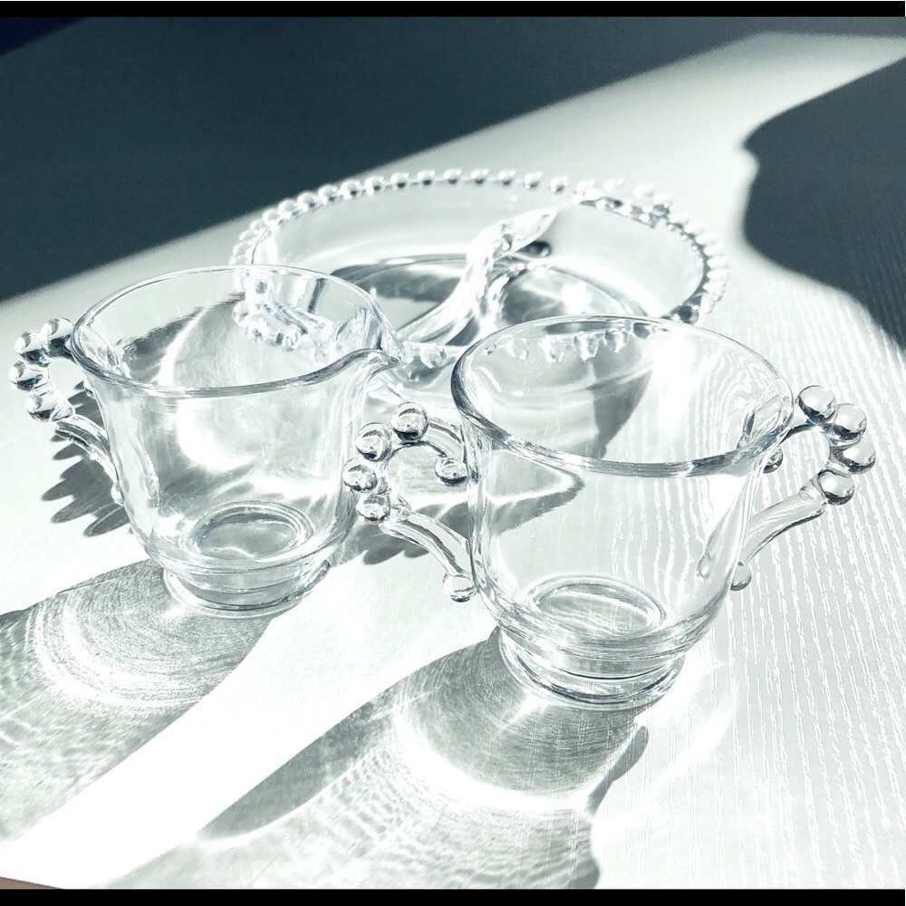 VTG 1920’s clear Glass Hobnail 3 pc Creamer, sugar, Divided round serving dish - Picture 11 of 16